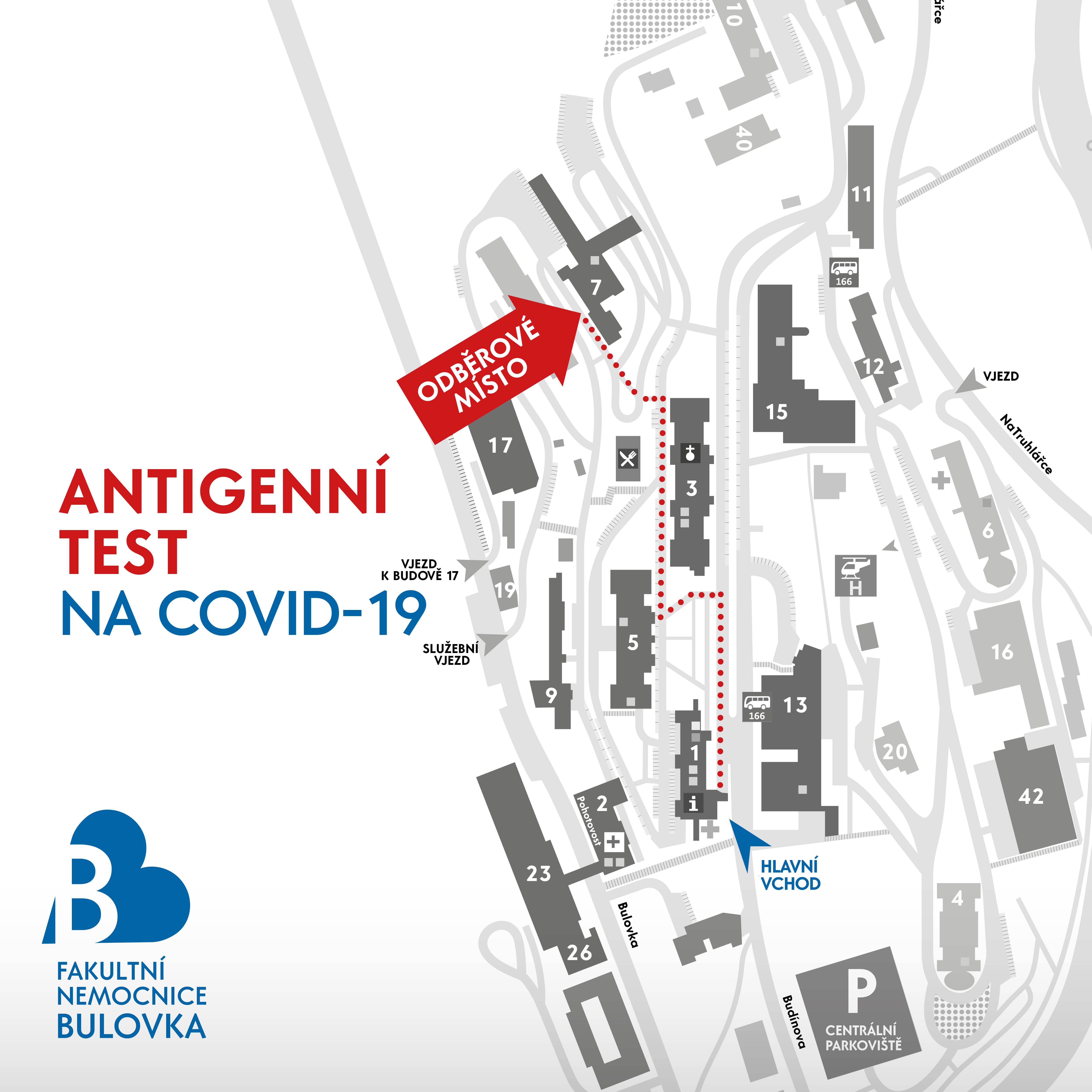 Kudy na antigenní test na COVID-19 od hlavního vstupu do areálu nemocnice z ulice Budínova?
