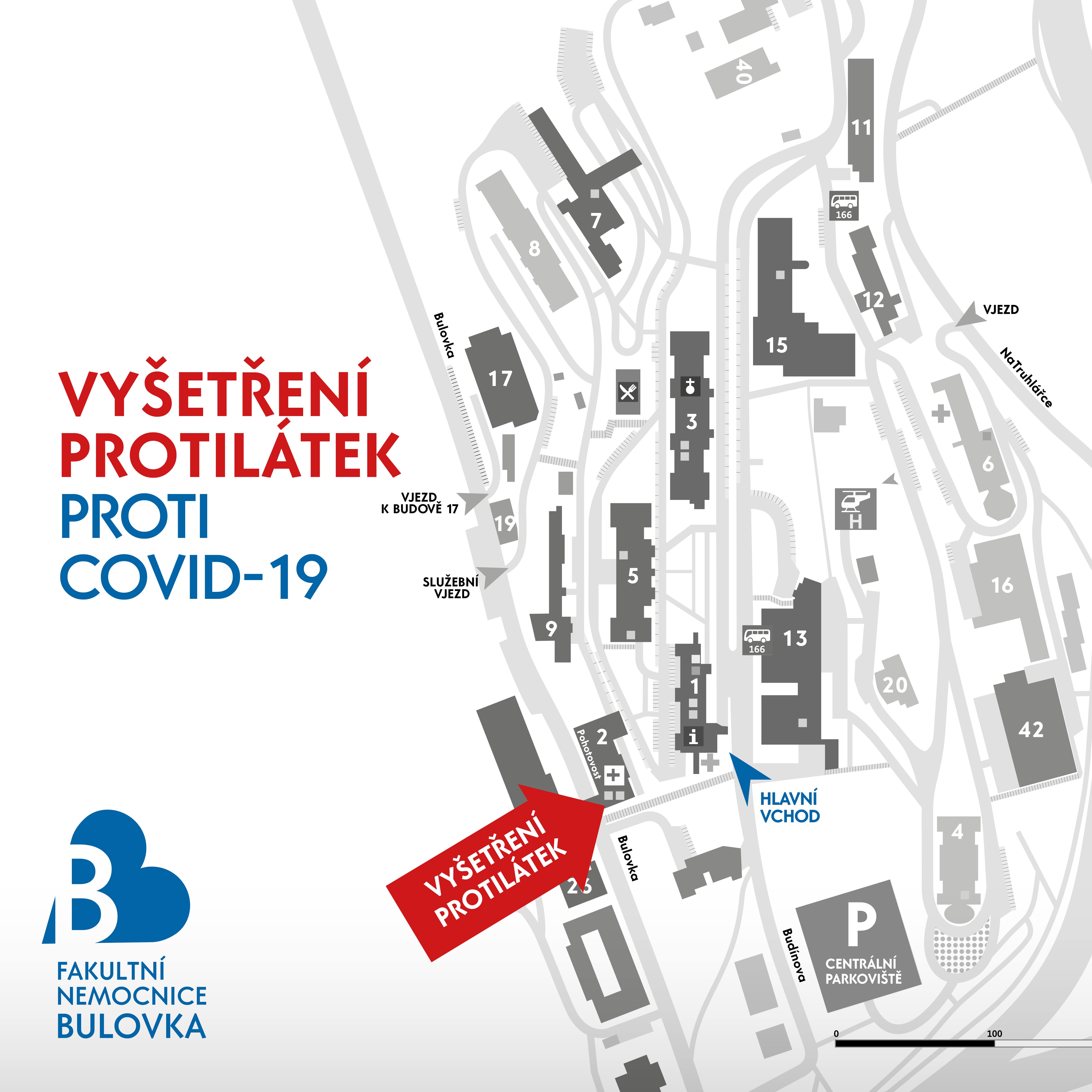 Kudy na vyšetření protilátek proti COVID-19 od hlavního vstupu do areálu nemocnice z ulice Budínova?