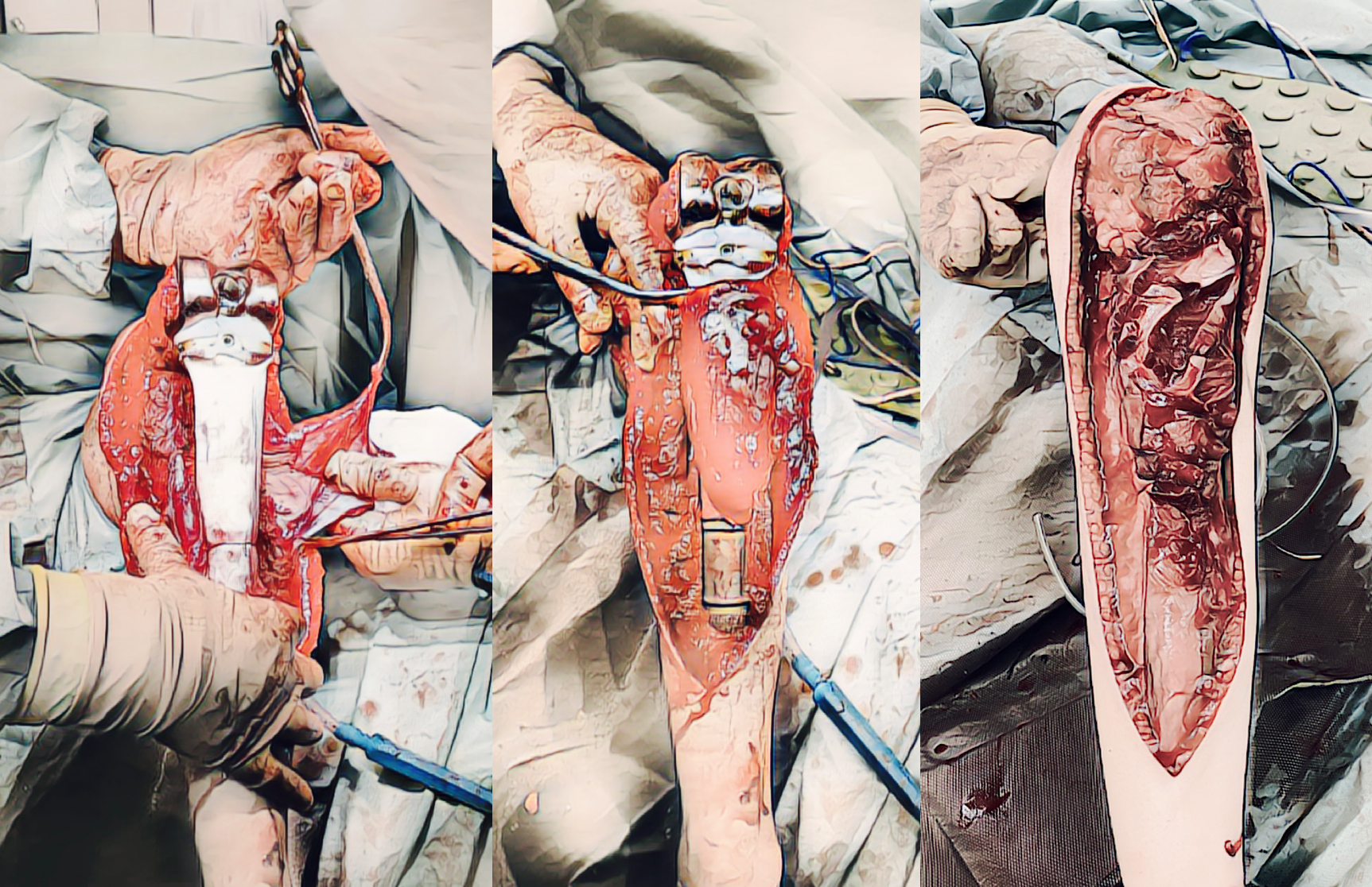 Peroperační obrázky ukazující rekonstrukční fázi s pomocí Trevira tube a svalových laloků