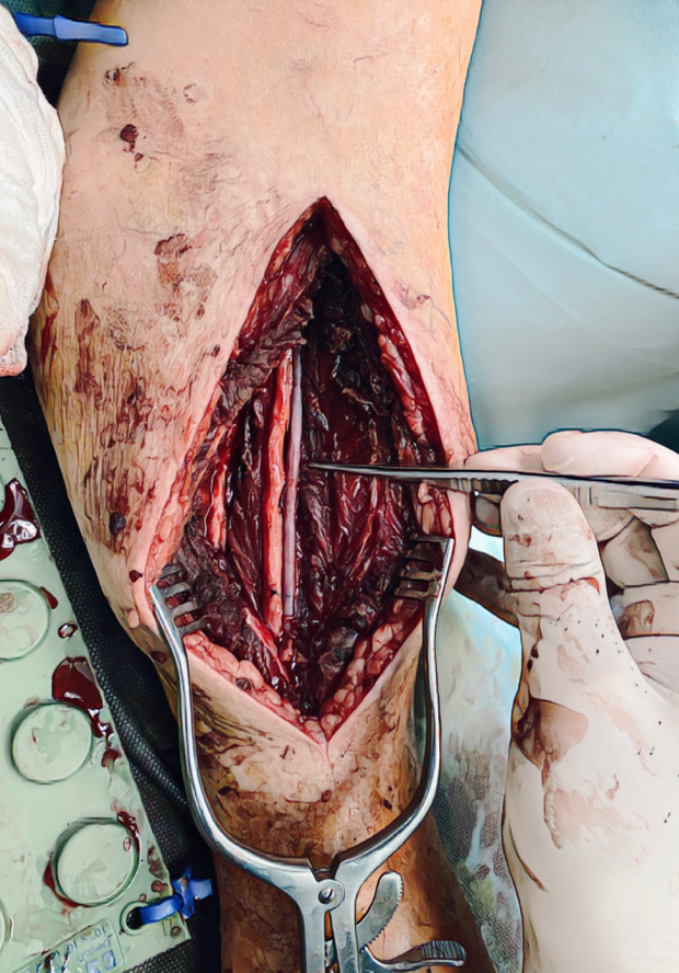 Peroperační foto po provedené rekonstrukci cév. Je vidět i tibiální nerv.